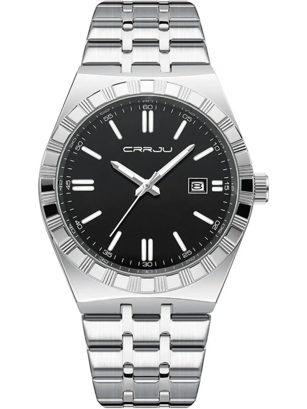 Crrju Men's Silver Black Luxury Luminous Analog Quartz Classic Calendar Watch